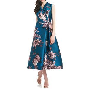 KAY UNGER Waverly Tea Length Dress In Turkish Blue Floral Pattern Size 6 NWT